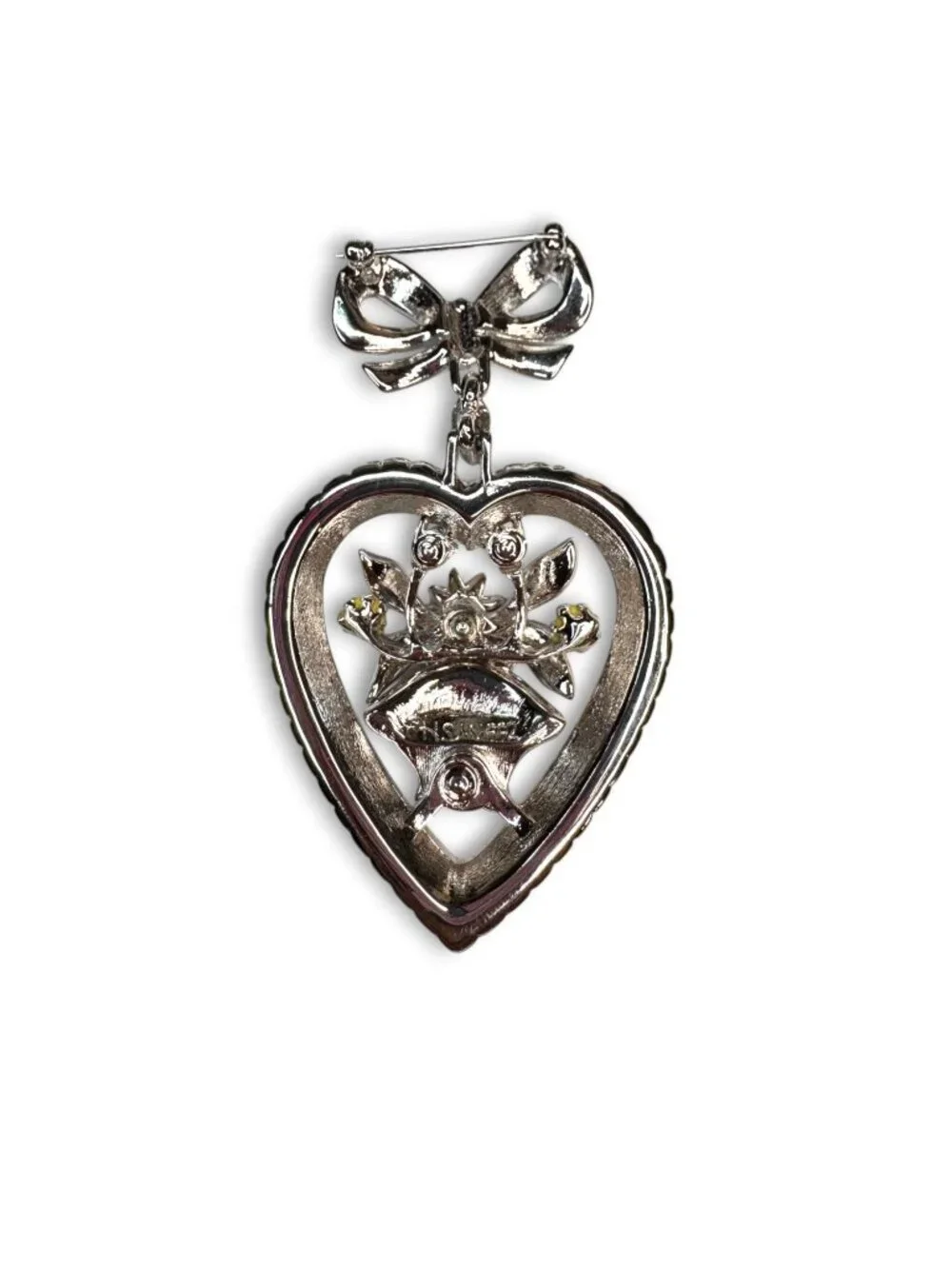 HSM Enamel Rhinestone Heart Bow Brooch 1992 Dangle Floral